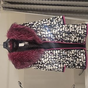 Sequence Silver Coat with Purple Fur Collar